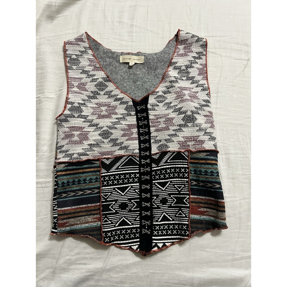 Gilded Intent Boho Tribal Patchwork V-Neck Vest Cropped Women's S